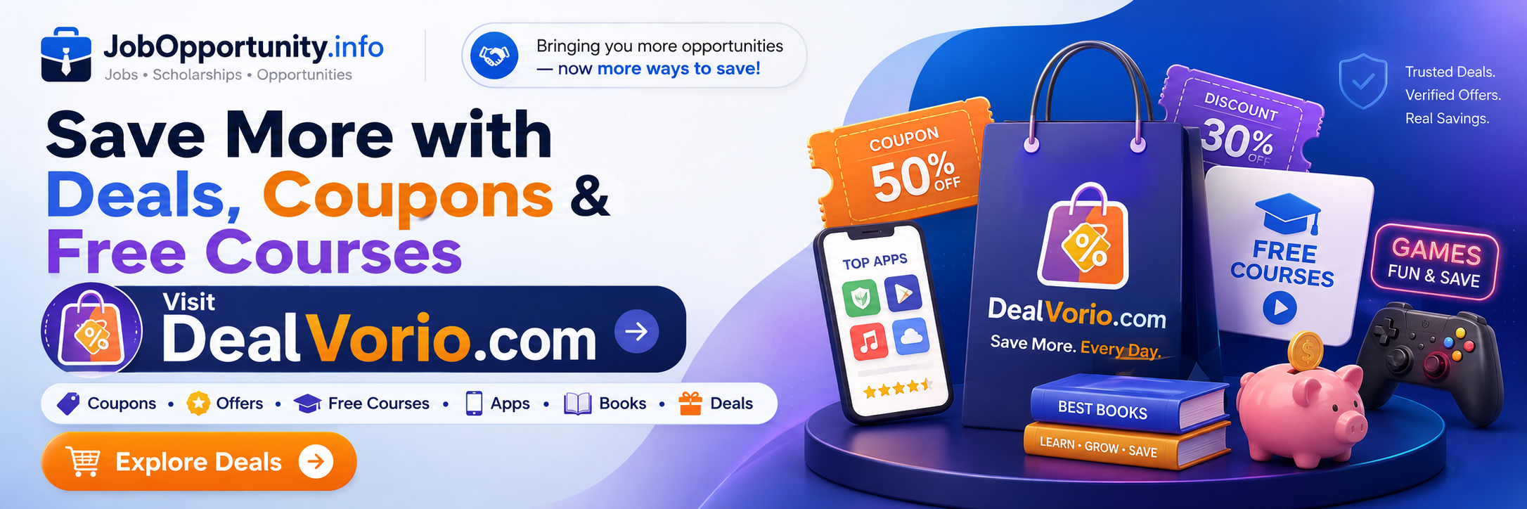 Save more with DealVorio: deals, coupons, free courses, apps and books